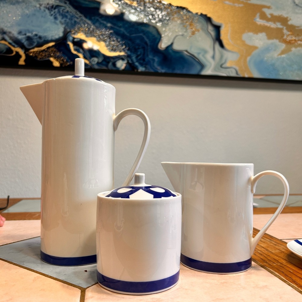 Vintage LBL Lubiana Poland Porcelain Coffee Set Mid Century Modern Blue Geometri - Picture 3 of 9